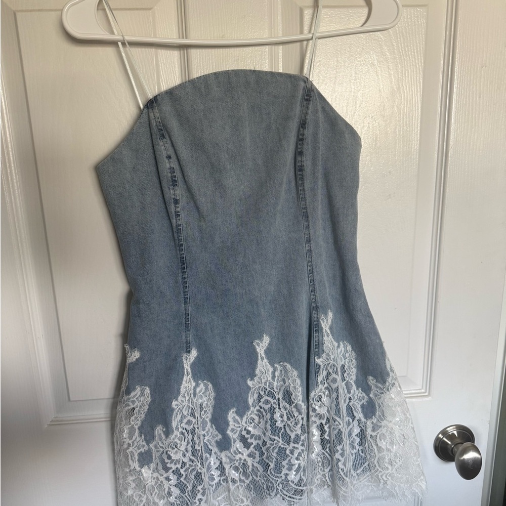 Amanda Uprichard Romilly Blue Denim White Lace Romper Skort BNWT - Picture 10 of 13